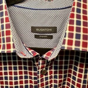 Bugatchi Mens Size L Navy Blue Red Plaid Dress Button Up Long Sleeve Shaped Fit‎